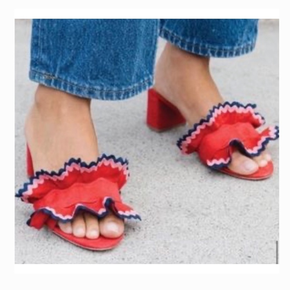 LOEFFLER RANDALL Vera City Red Suede Ruffle Slide Sandals - Picture 4 of 15